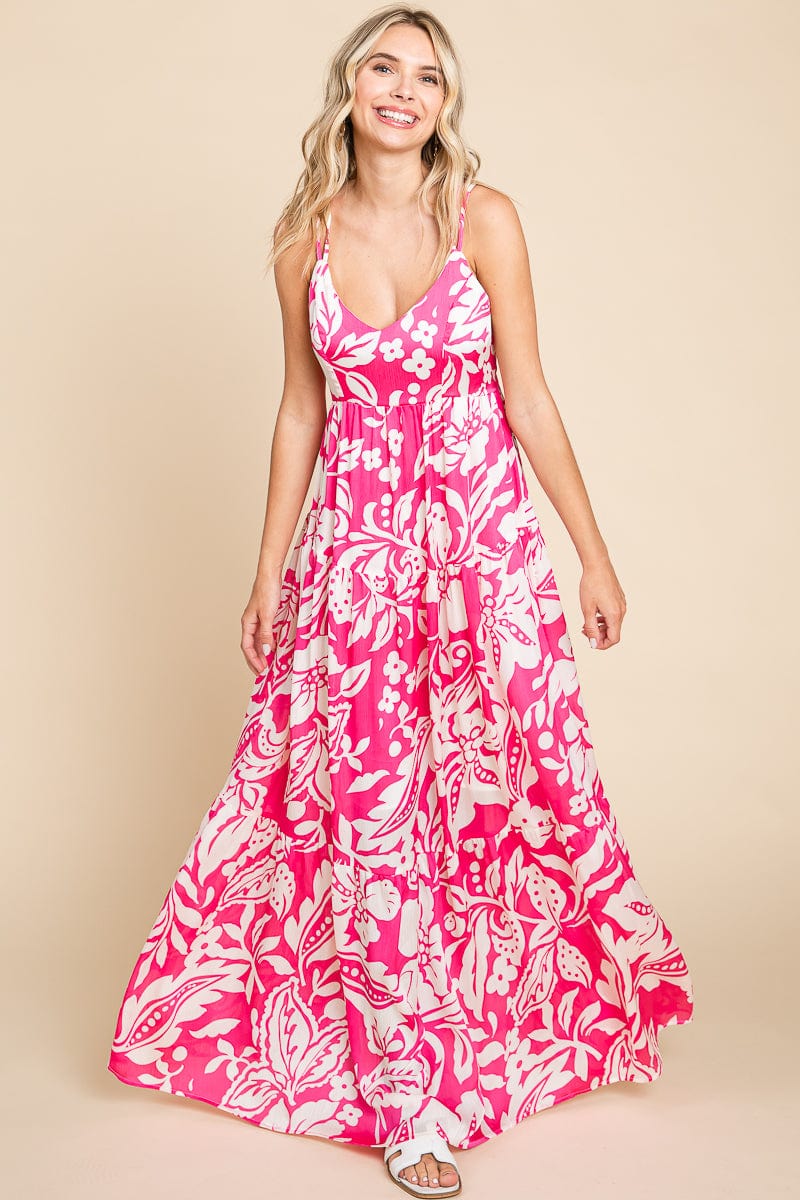 Tropical Print Tiered Satin Maxi Sundress