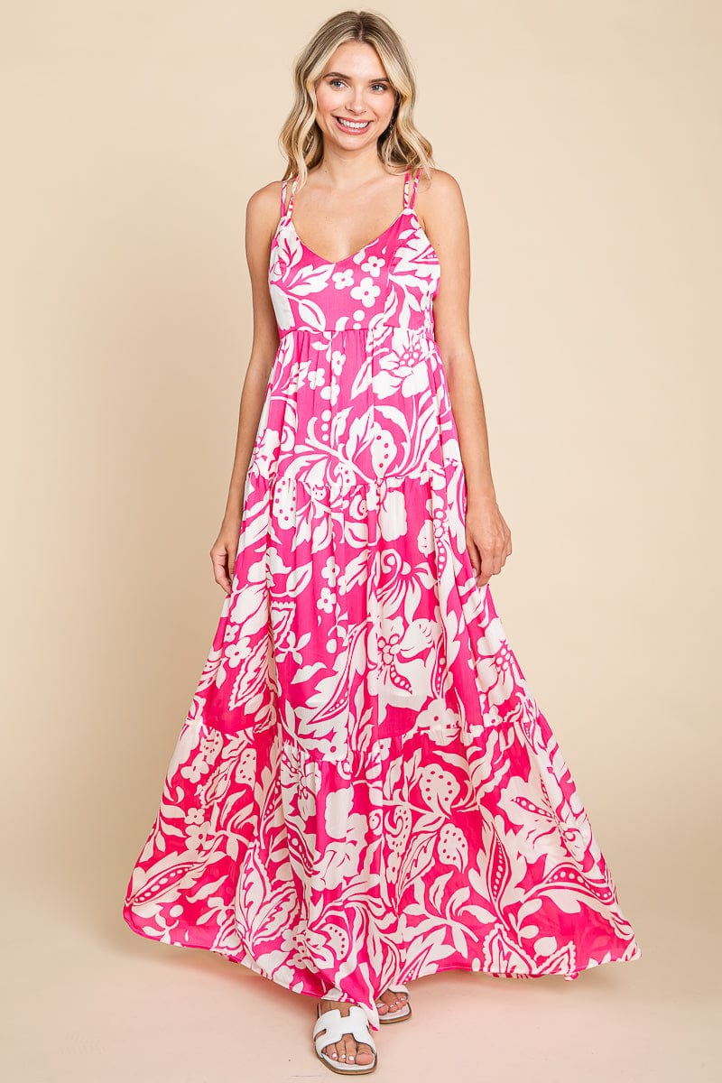 Tropical Print Tiered Satin Maxi Sundress