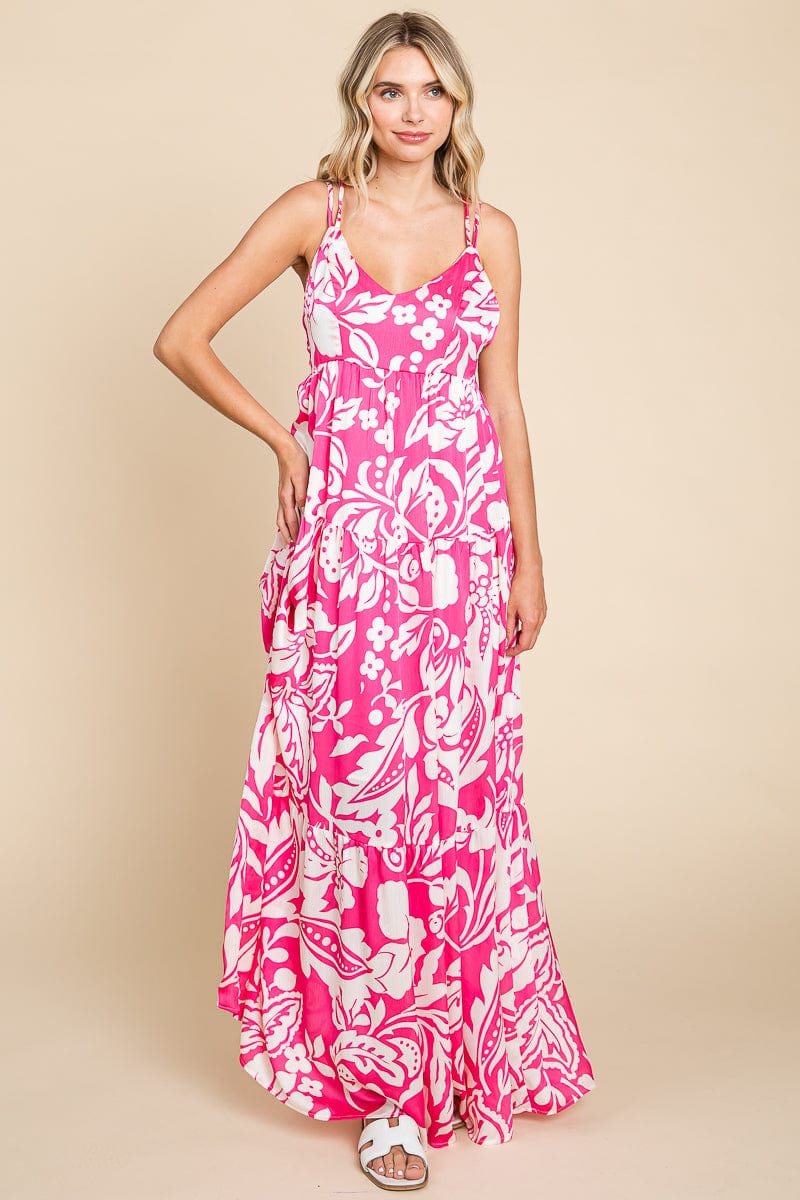 Tropical Print Tiered Satin Maxi Sundress