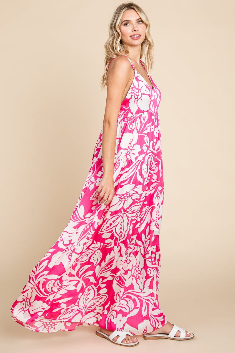 Tropical Print Tiered Satin Maxi Sundress