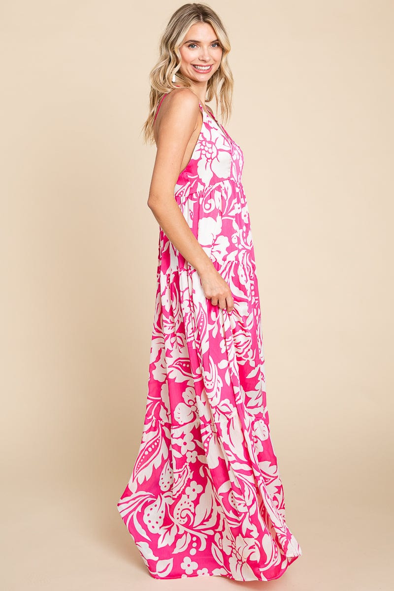 Tropical Print Tiered Satin Maxi Sundress