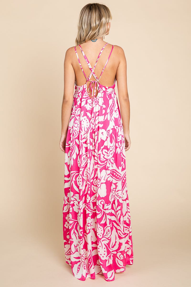 Tropical Print Tiered Satin Maxi Sundress