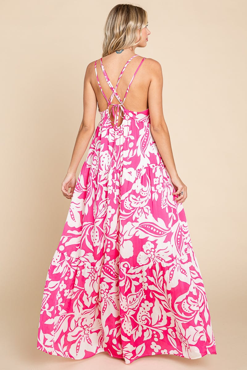 Tropical Print Tiered Satin Maxi Sundress