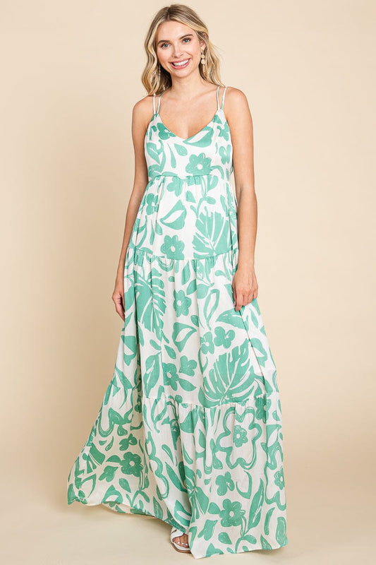 Tropical Print Tiered Satin Maxi Sundress