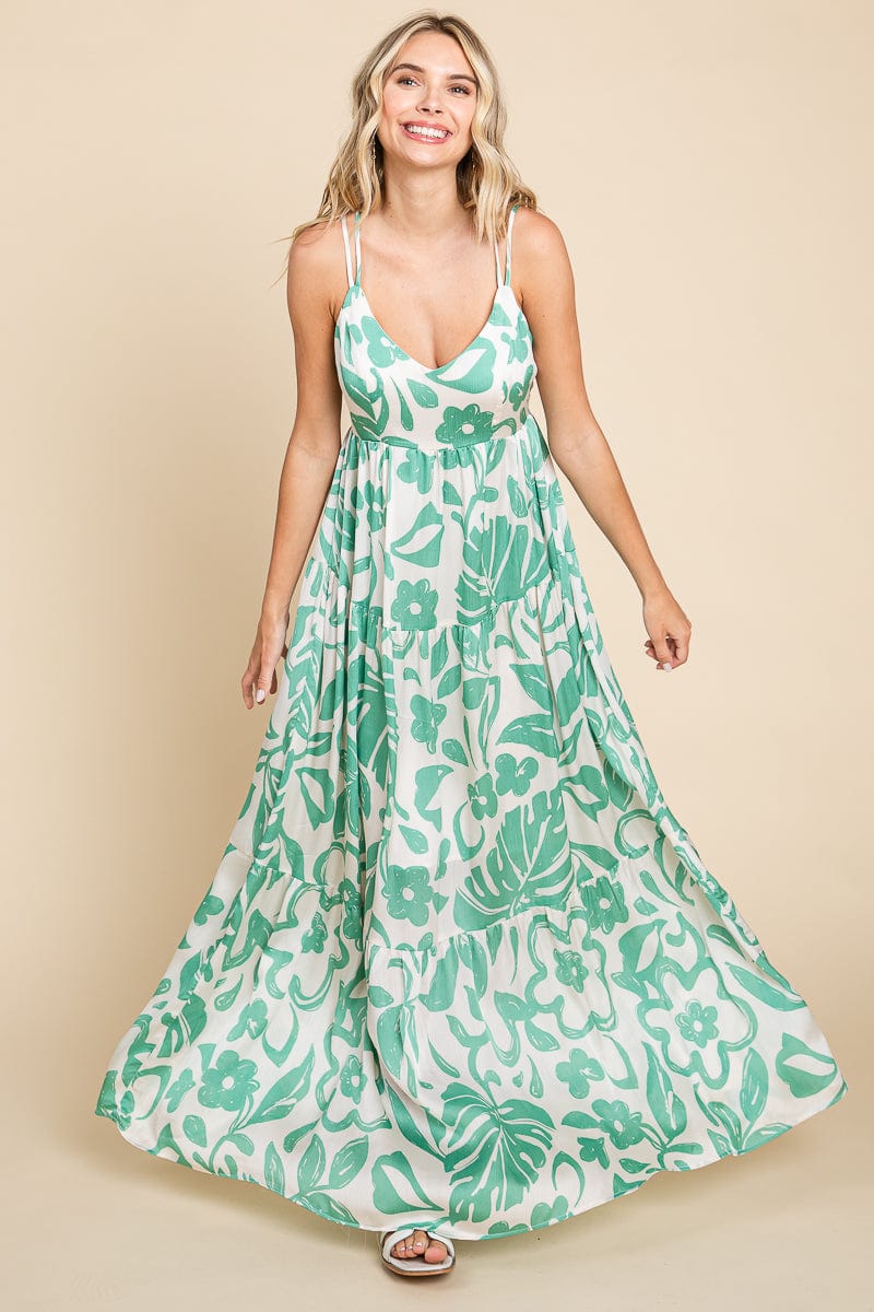 Tropical Print Tiered Satin Maxi Sundress