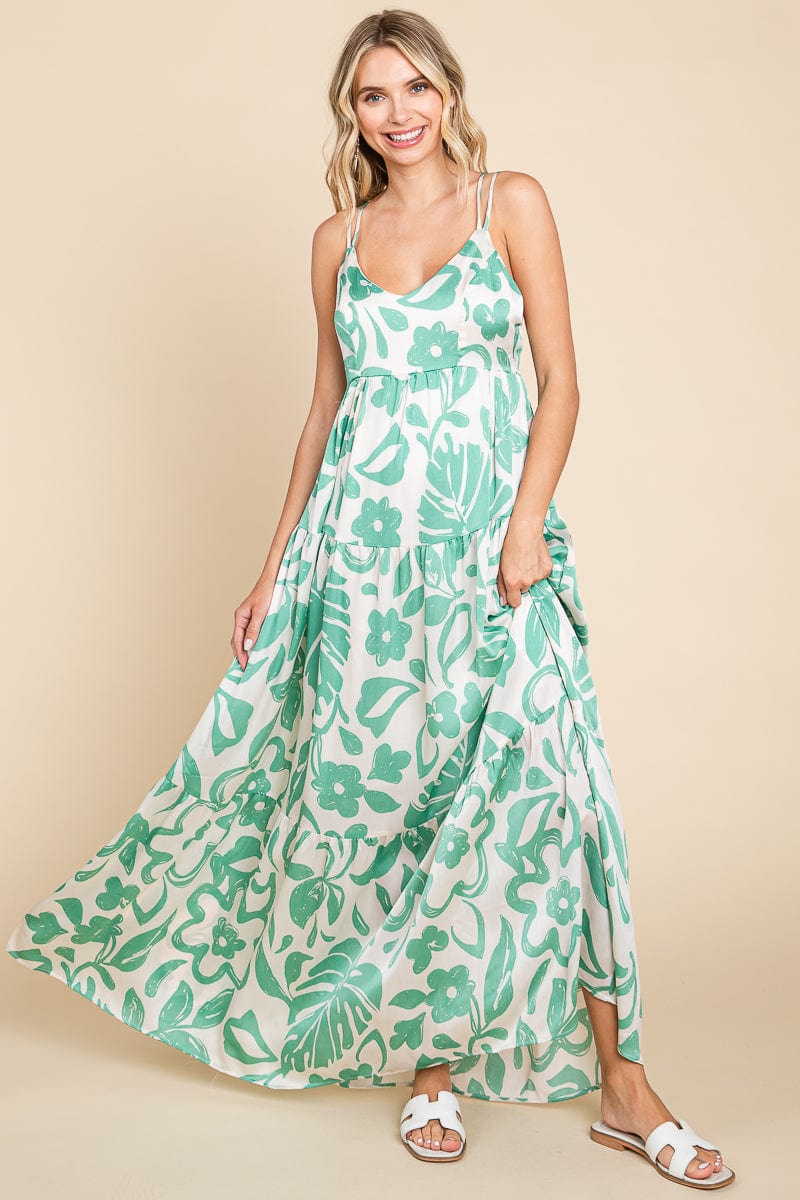 Tropical Print Tiered Satin Maxi Sundress