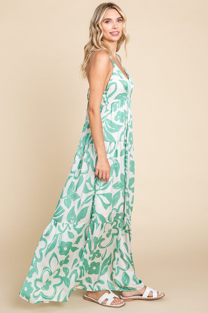 Tropical Print Tiered Satin Maxi Sundress