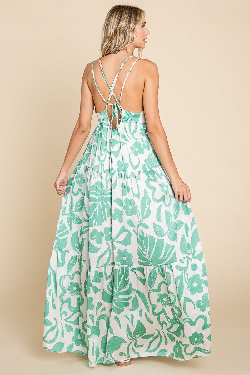 Tropical Print Tiered Satin Maxi Sundress