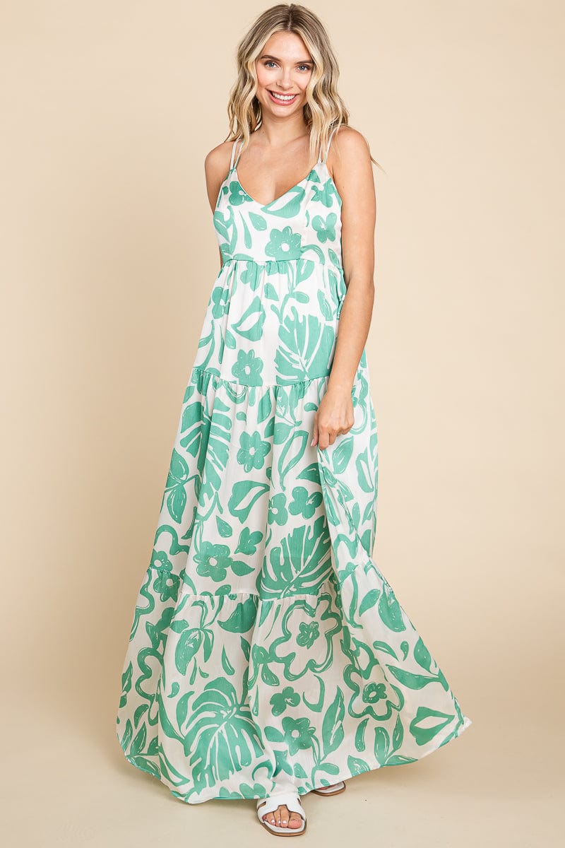 Tropical Print Tiered Satin Maxi Sundress