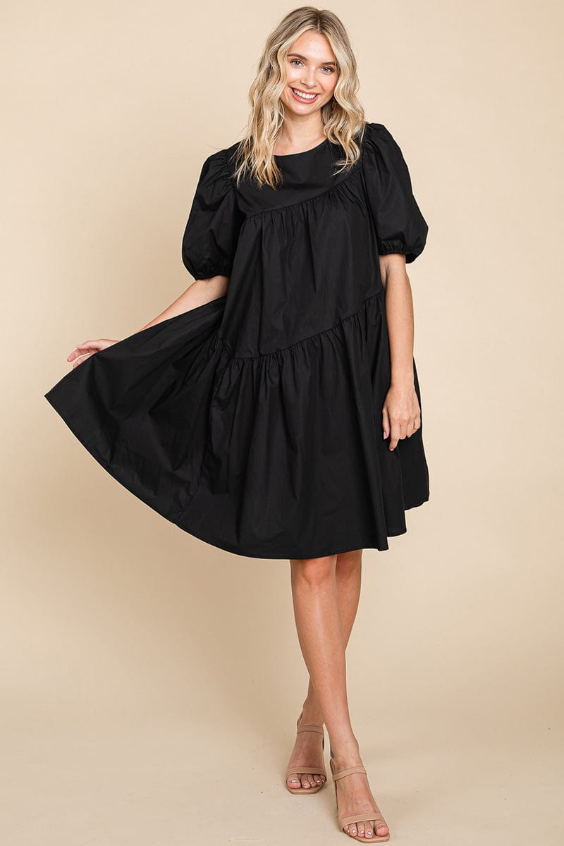 Poplin Puff Sleeve Tiered Cotton Dress