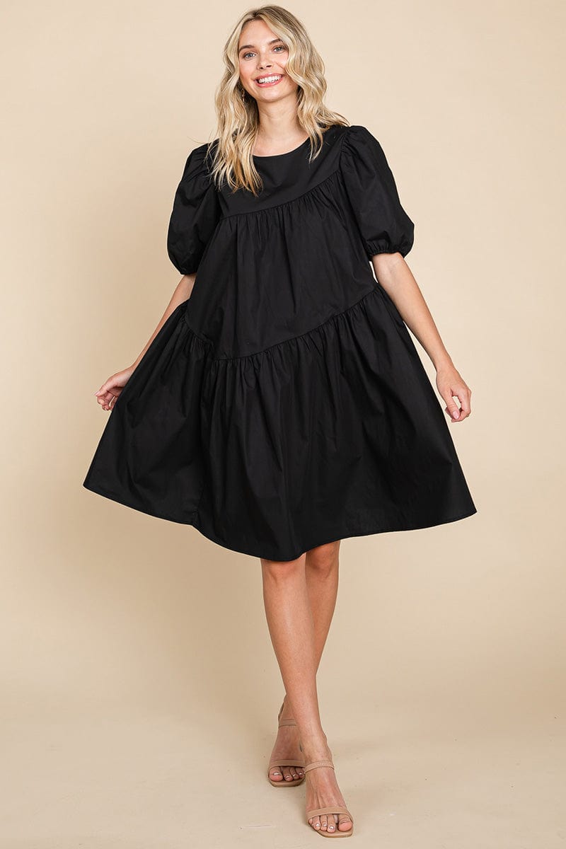 Poplin Puff Sleeve Tiered Cotton Dress