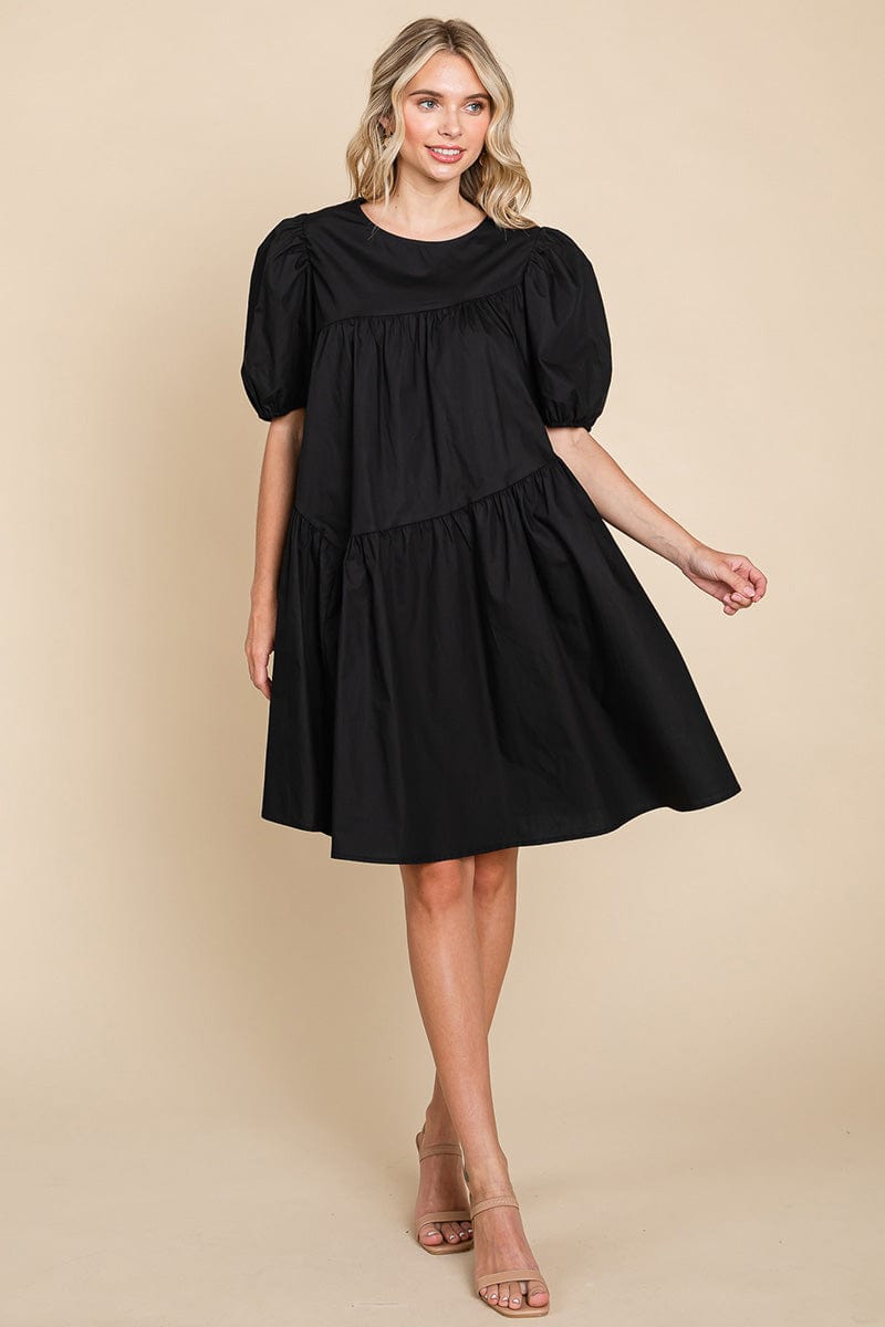 Poplin Puff Sleeve Tiered Cotton Dress