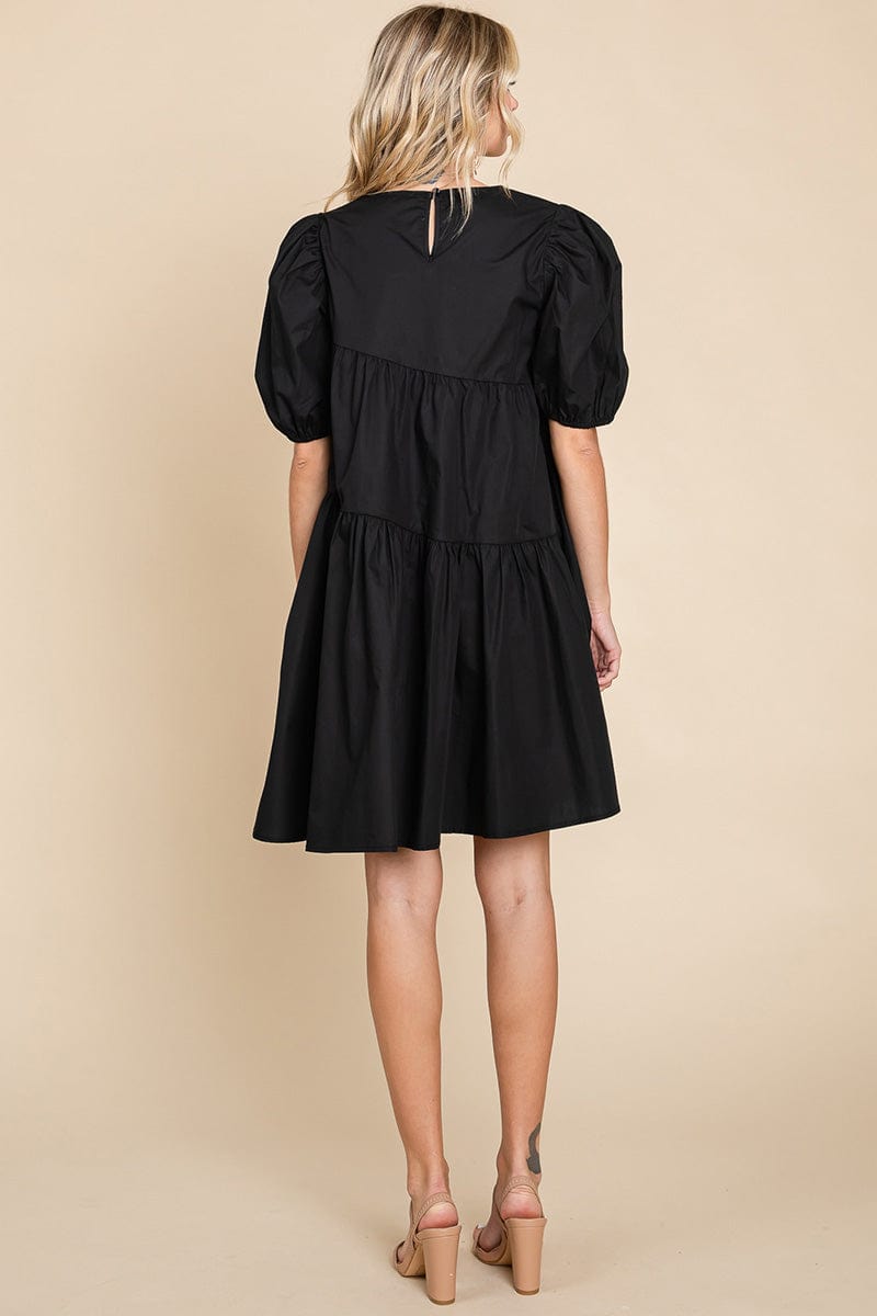 Poplin Puff Sleeve Tiered Cotton Dress