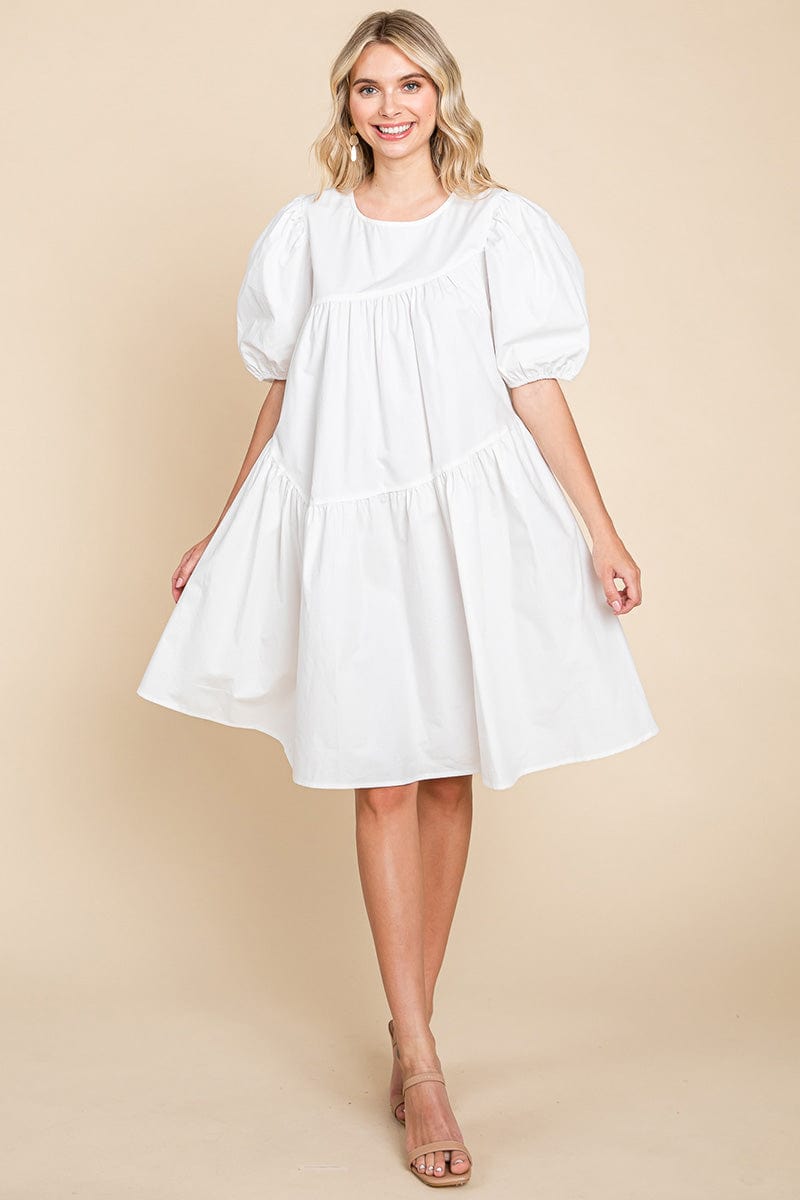 Poplin Puff Sleeve Tiered Cotton Dress