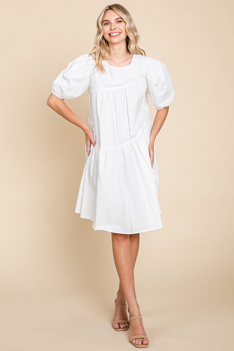 Poplin Puff Sleeve Tiered Cotton Dress