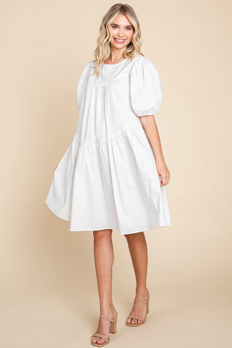 Poplin Puff Sleeve Tiered Cotton Dress