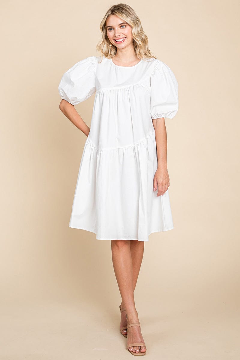 Poplin Puff Sleeve Tiered Cotton Dress