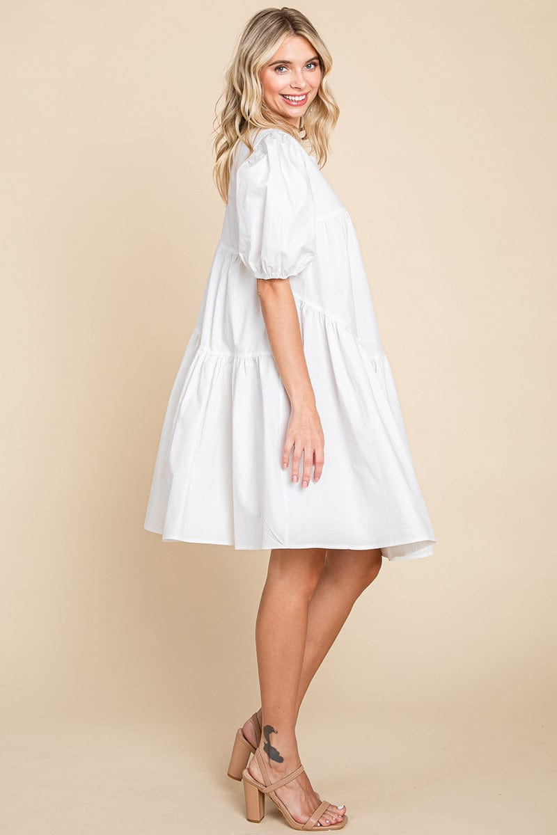 Poplin Puff Sleeve Tiered Cotton Dress