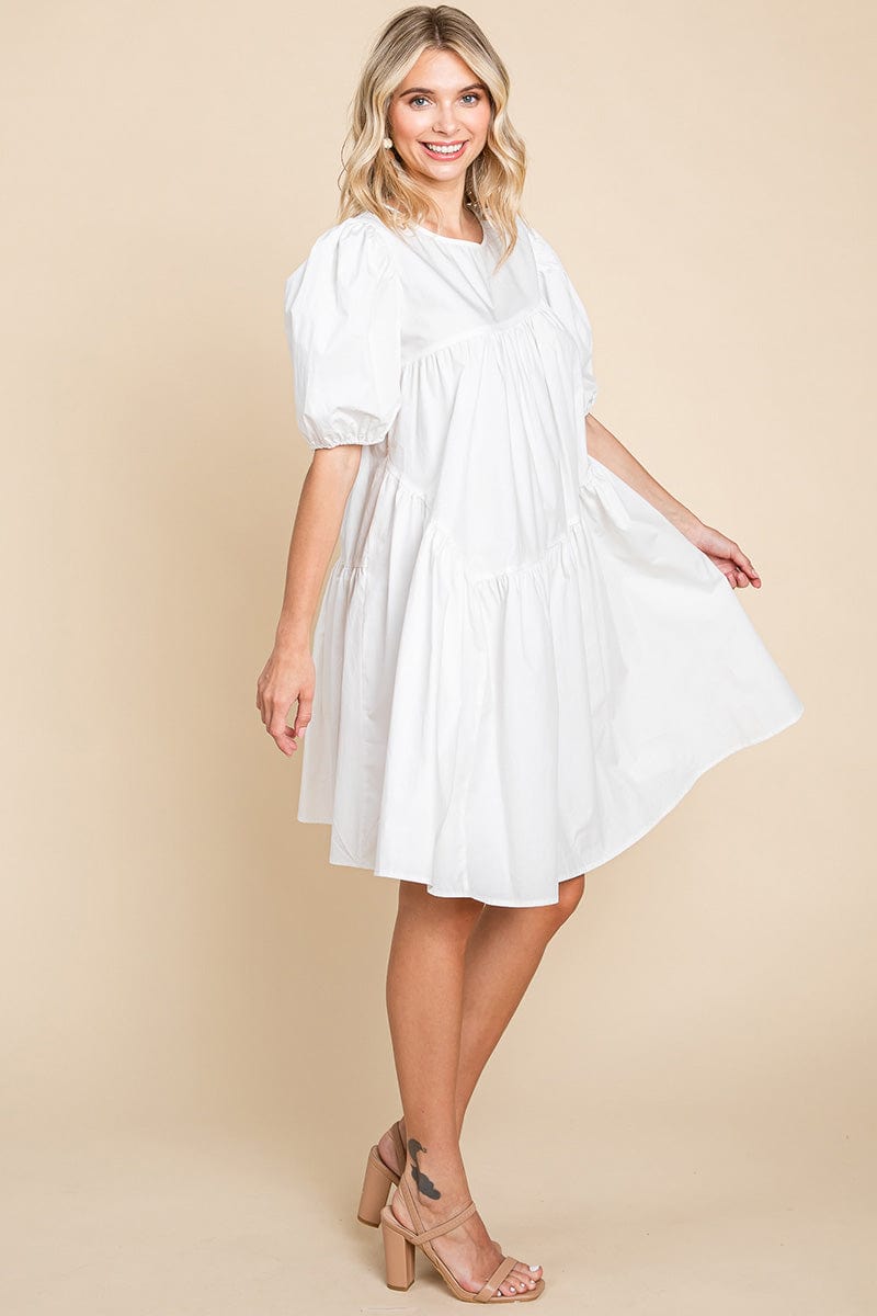 Poplin Puff Sleeve Tiered Cotton Dress