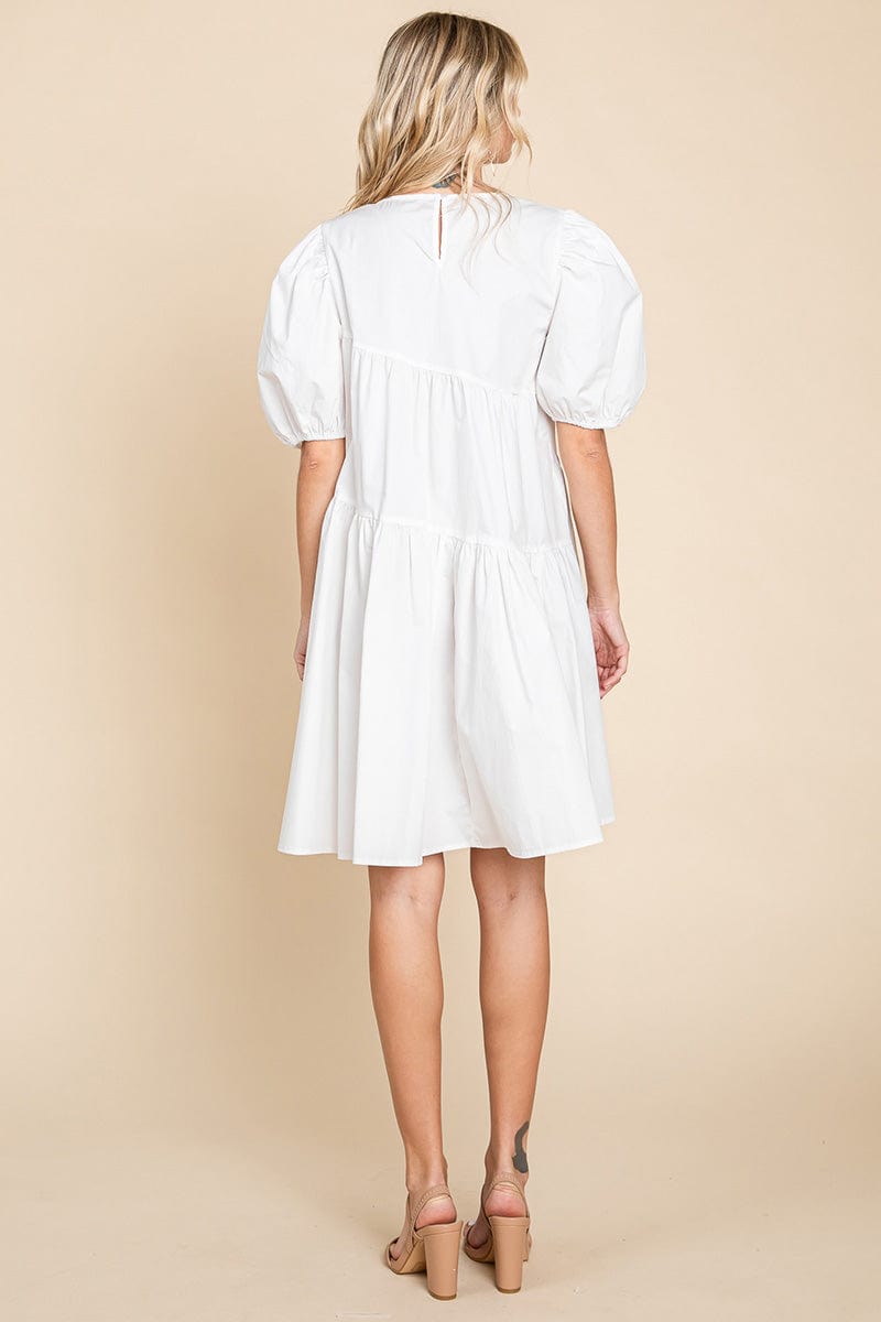 Poplin Puff Sleeve Tiered Cotton Dress