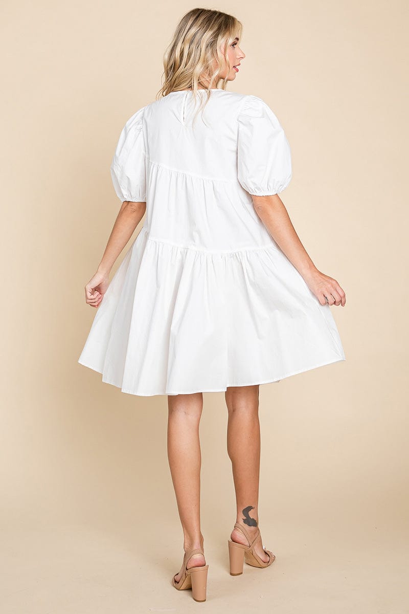 Poplin Puff Sleeve Tiered Cotton Dress