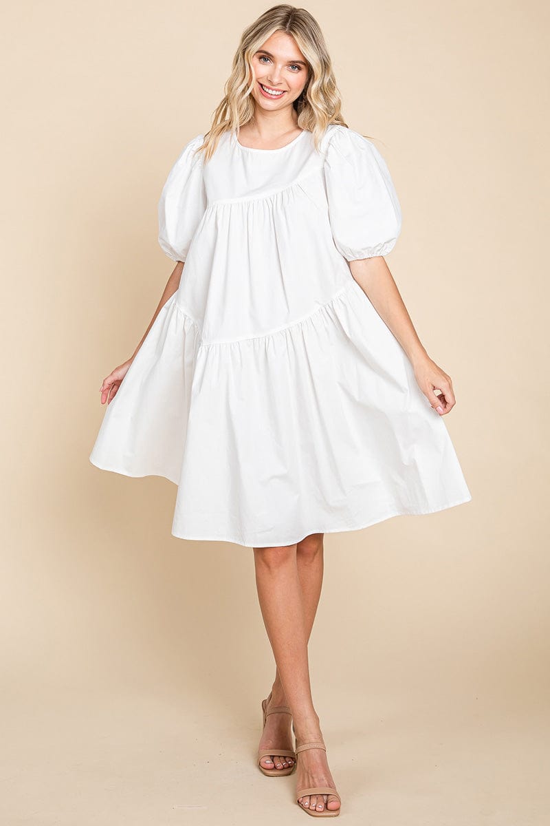 Poplin Puff Sleeve Tiered Cotton Dress