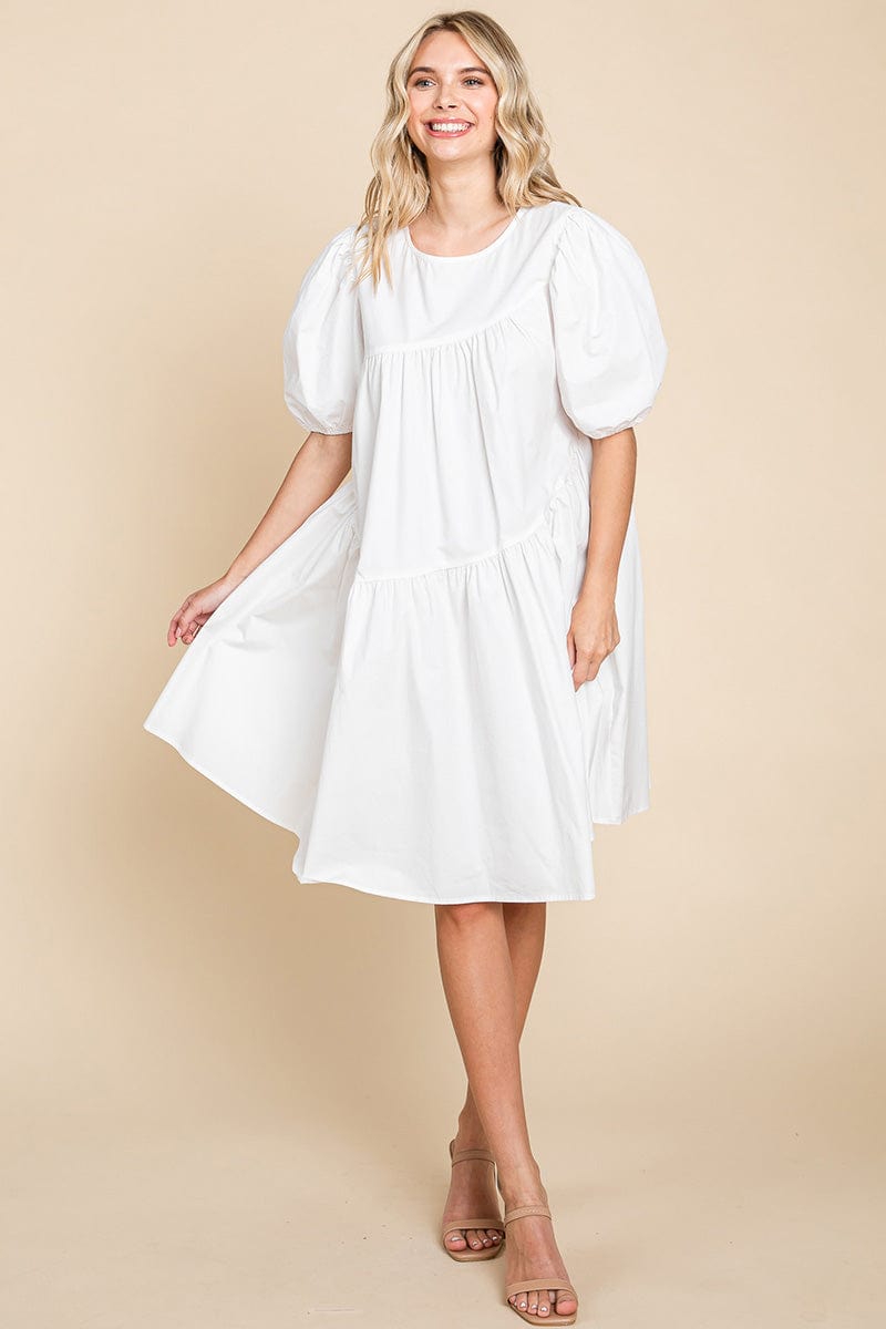 Poplin Puff Sleeve Tiered Cotton Dress