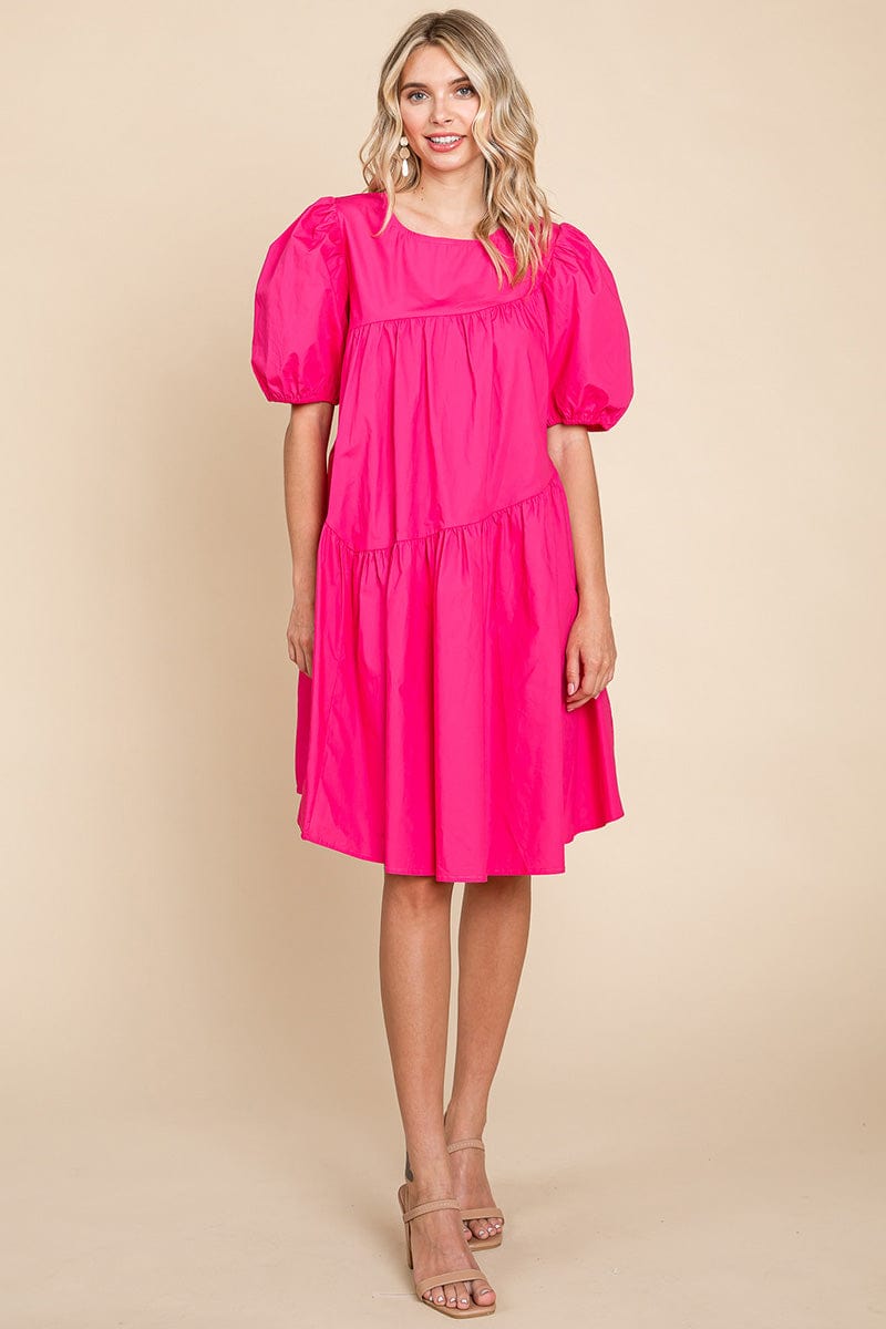 Poplin Puff Sleeve Tiered Cotton Dress