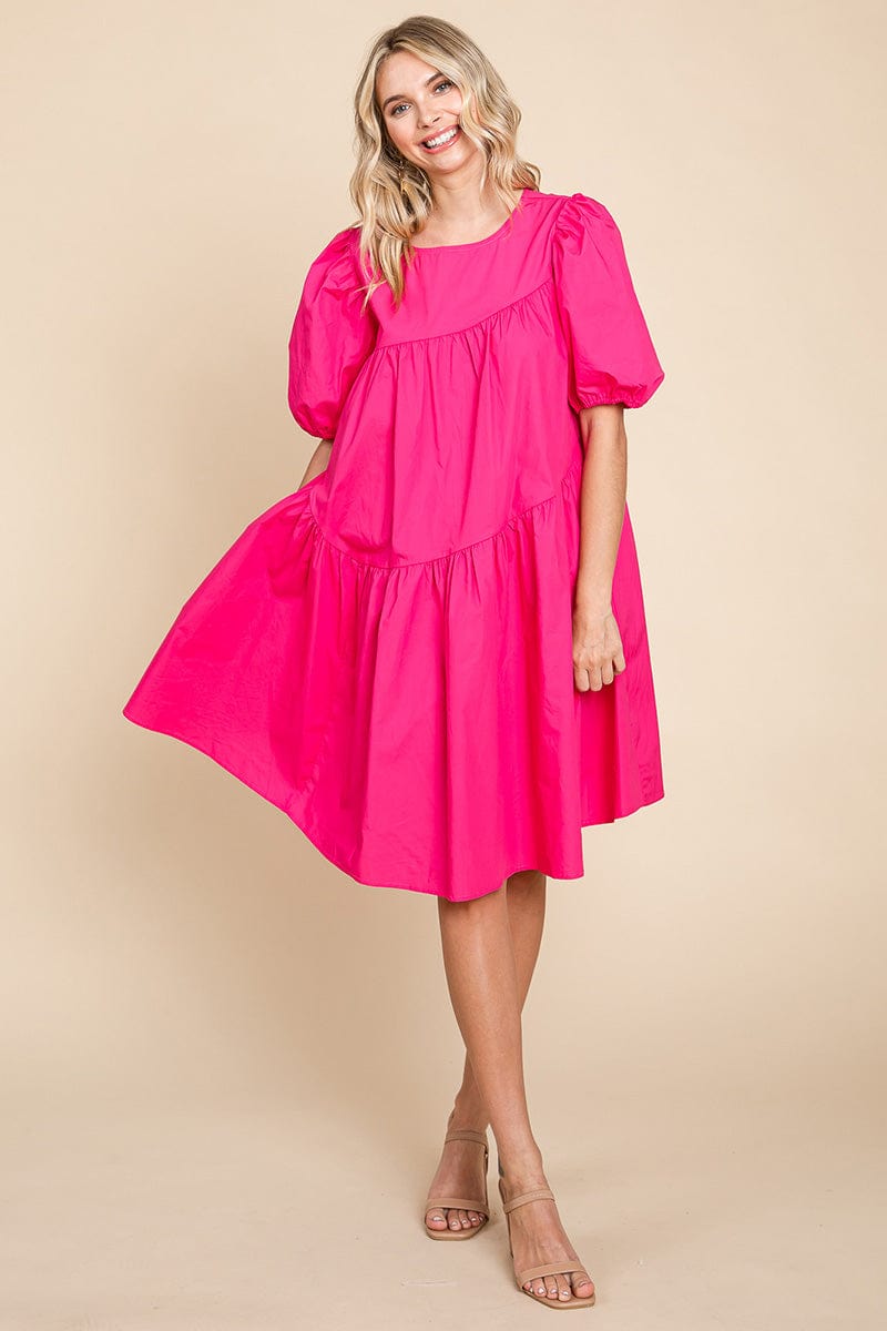 Poplin Puff Sleeve Tiered Cotton Dress