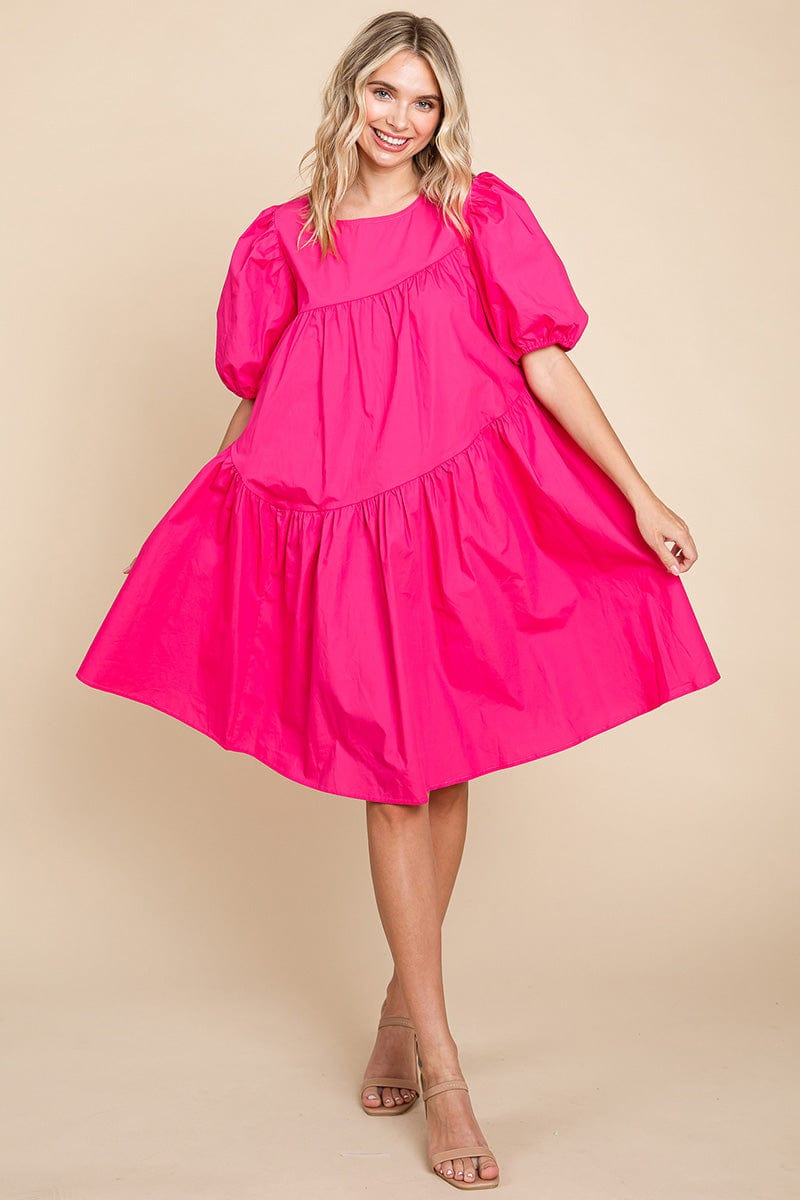 Poplin Puff Sleeve Tiered Cotton Dress