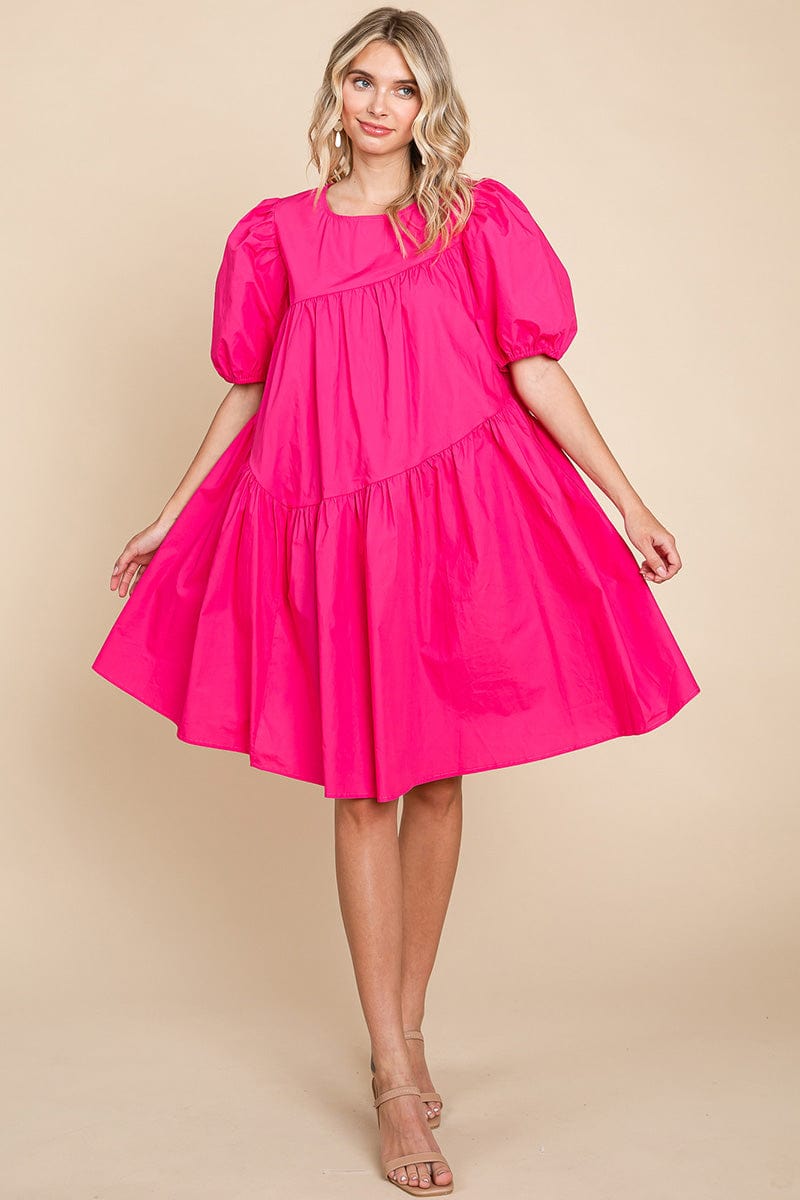 Poplin Puff Sleeve Tiered Cotton Dress