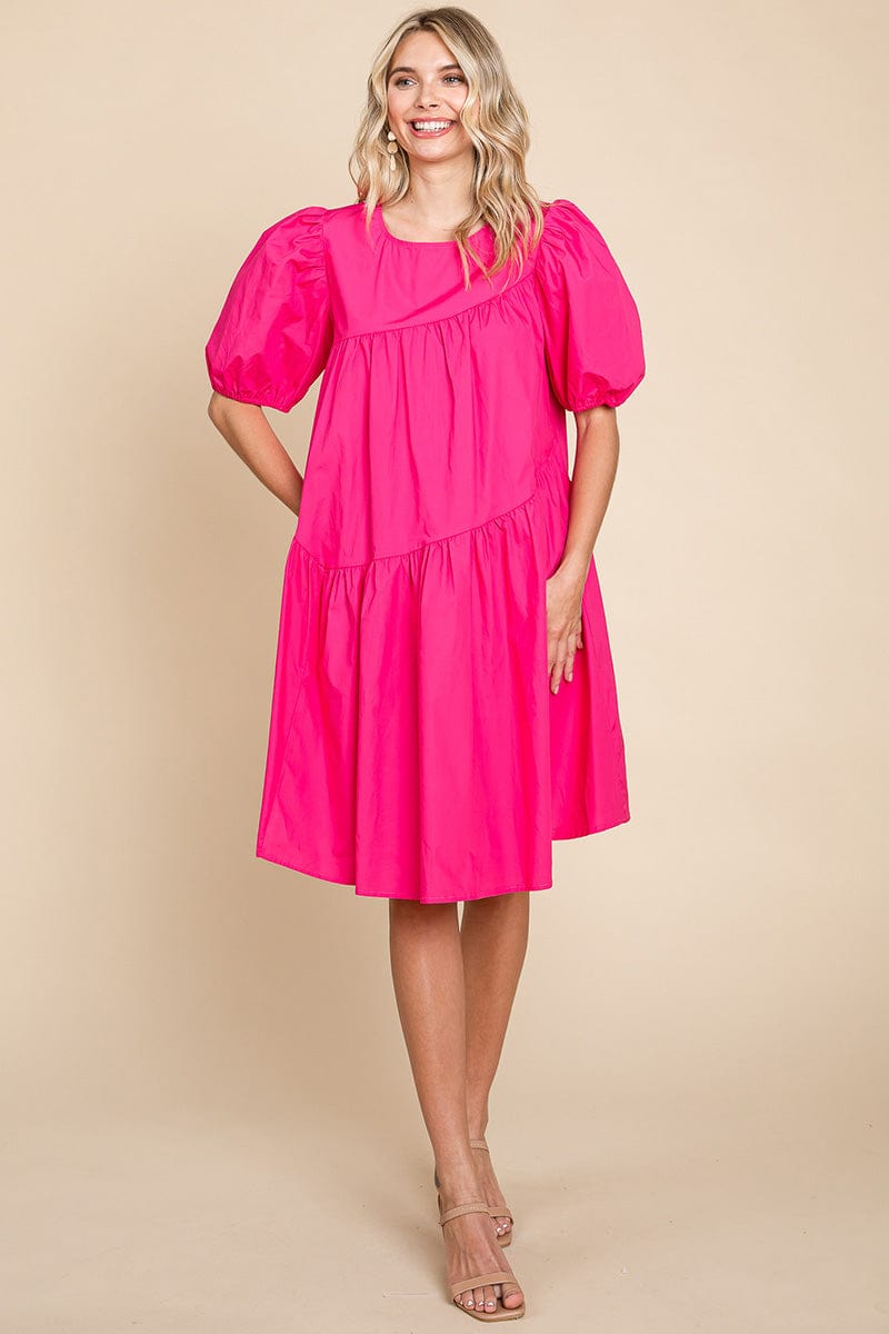 Poplin Puff Sleeve Tiered Cotton Dress