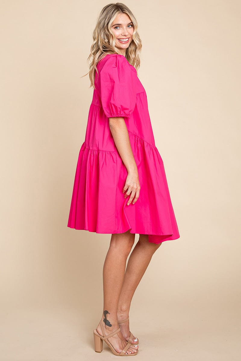 Poplin Puff Sleeve Tiered Cotton Dress