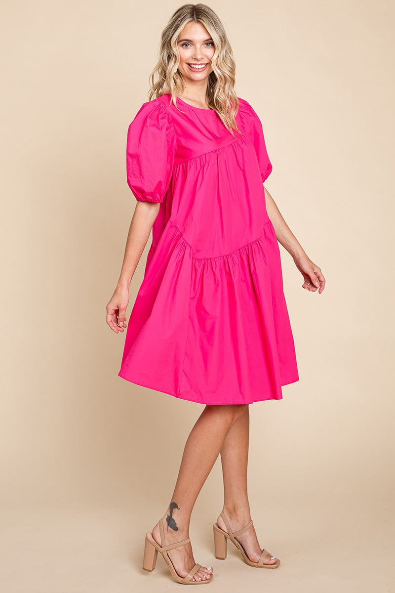 Poplin Puff Sleeve Tiered Cotton Dress