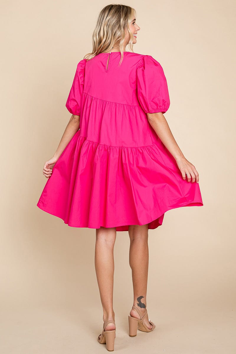 Poplin Puff Sleeve Tiered Cotton Dress