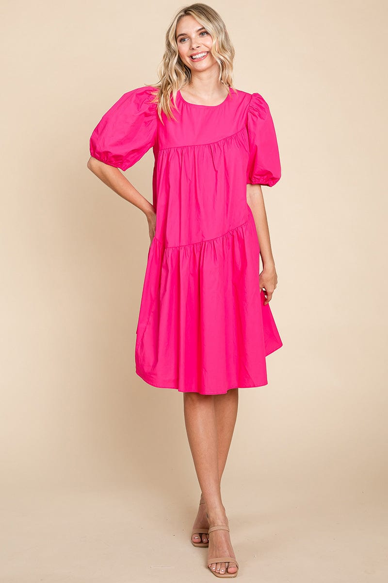 Poplin Puff Sleeve Tiered Cotton Dress