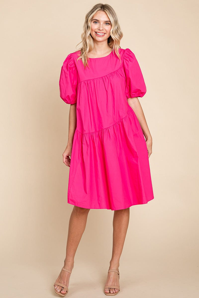 Poplin Puff Sleeve Tiered Cotton Dress