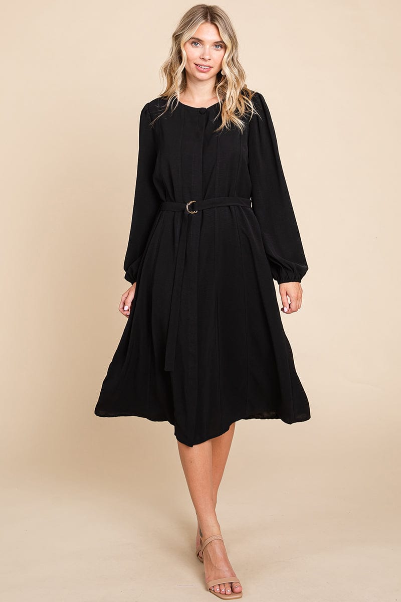 Belted Button Down Crew Neck Pleated Midi Dress