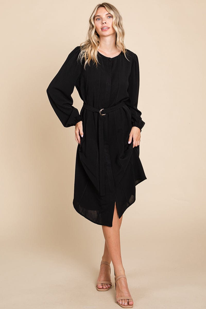 Belted Button Down Crew Neck Pleated Midi Dress