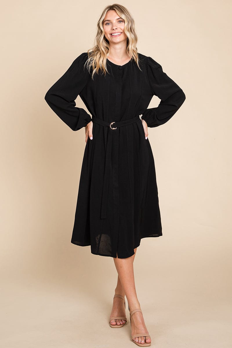 Belted Button Down Crew Neck Pleated Midi Dress