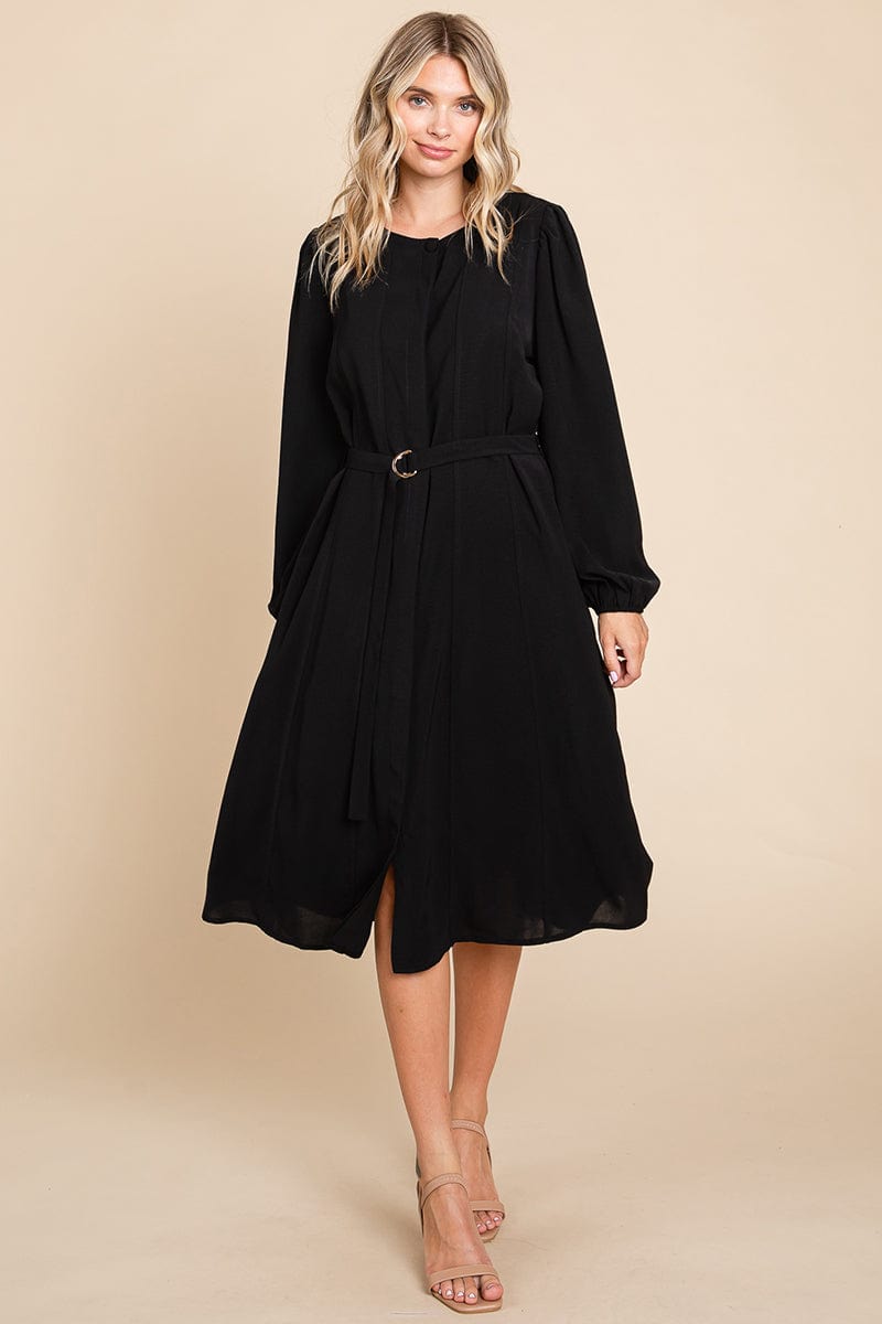 Belted Button Down Crew Neck Pleated Midi Dress