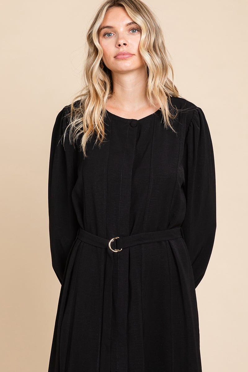 Belted Button Down Crew Neck Pleated Midi Dress