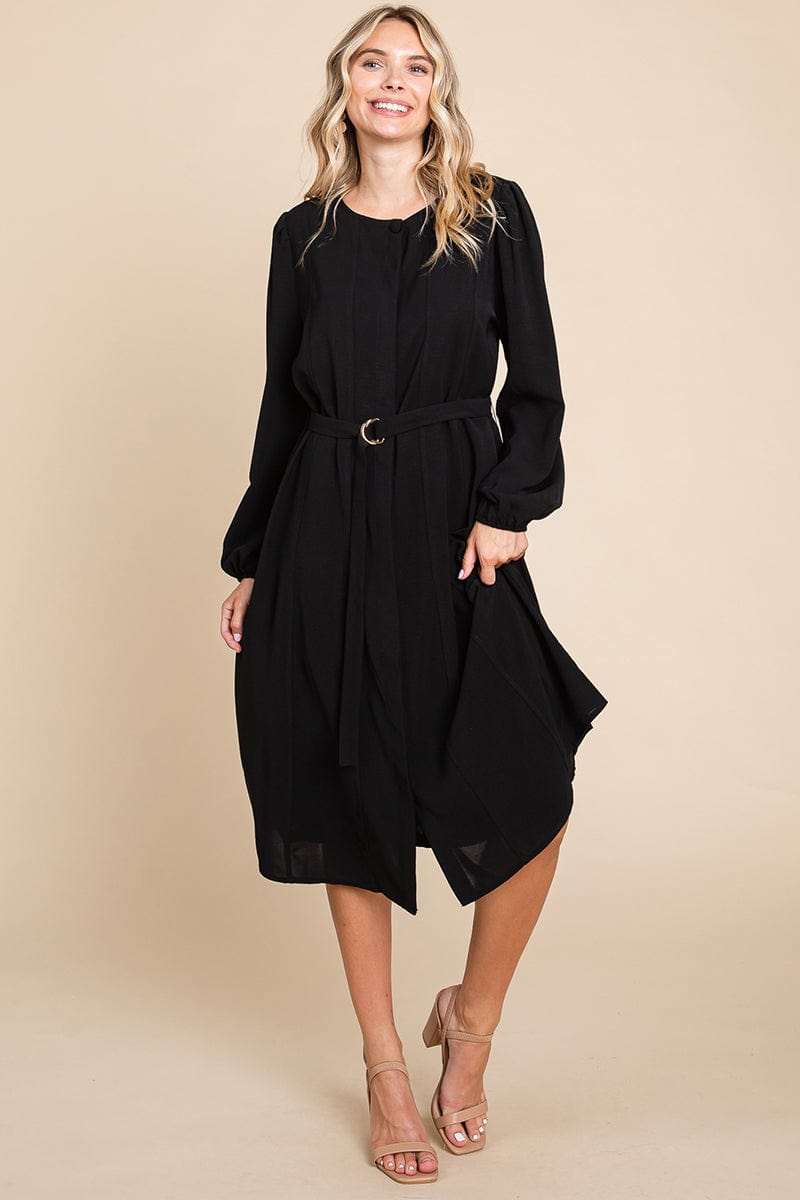 Belted Button Down Crew Neck Pleated Midi Dress