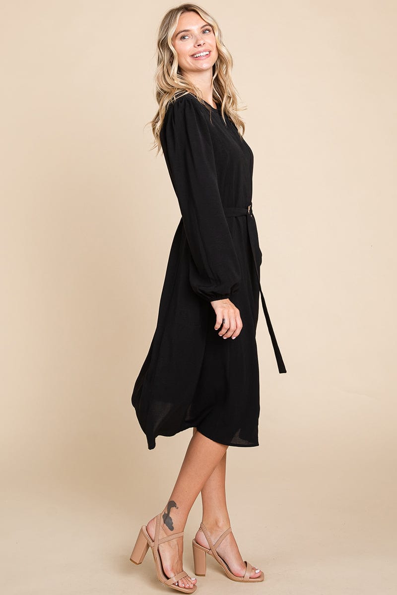 Belted Button Down Crew Neck Pleated Midi Dress