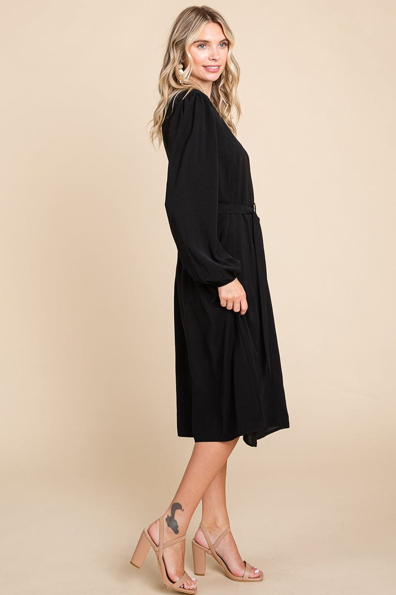 Belted Button Down Crew Neck Pleated Midi Dress