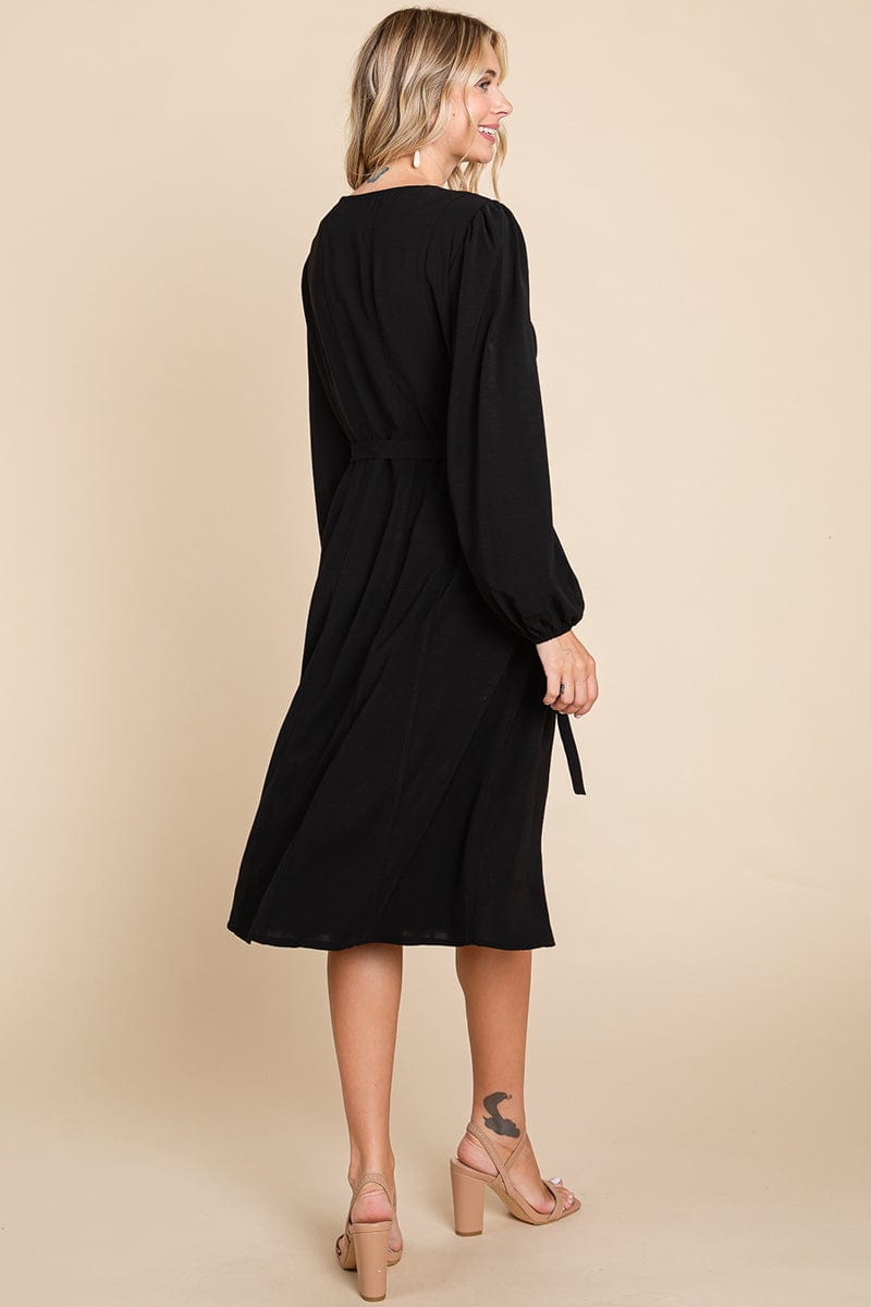 Belted Button Down Crew Neck Pleated Midi Dress