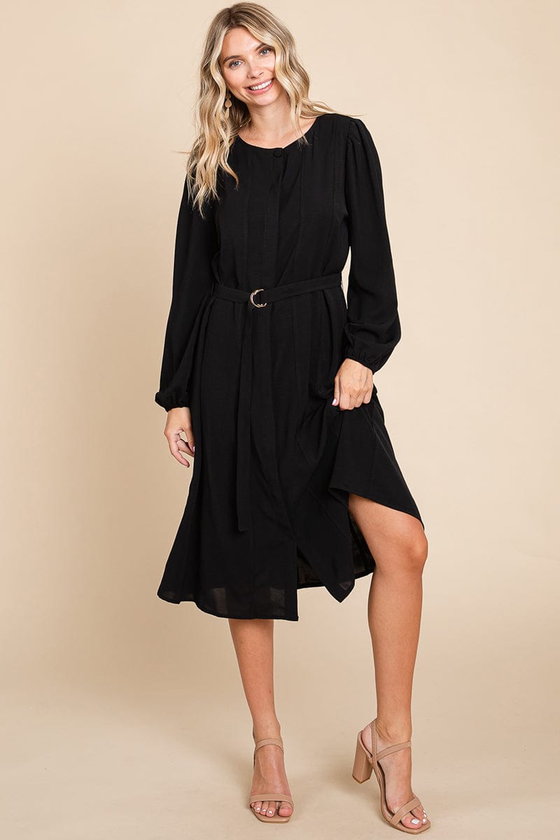 Belted Button Down Crew Neck Pleated Midi Dress