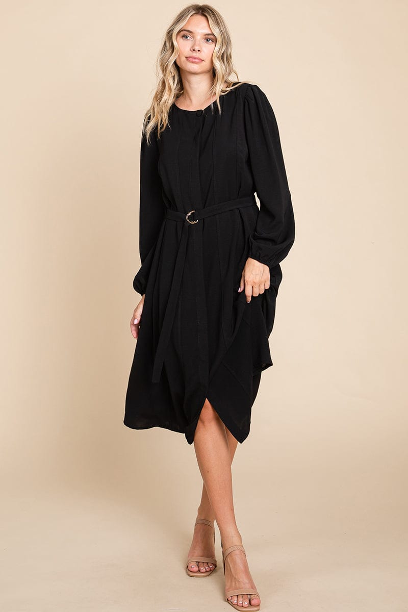 Belted Button Down Crew Neck Pleated Midi Dress