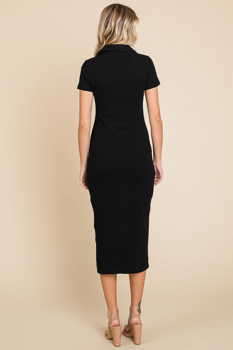 Collared Side Split Ribbed Bodycon Midi Dress