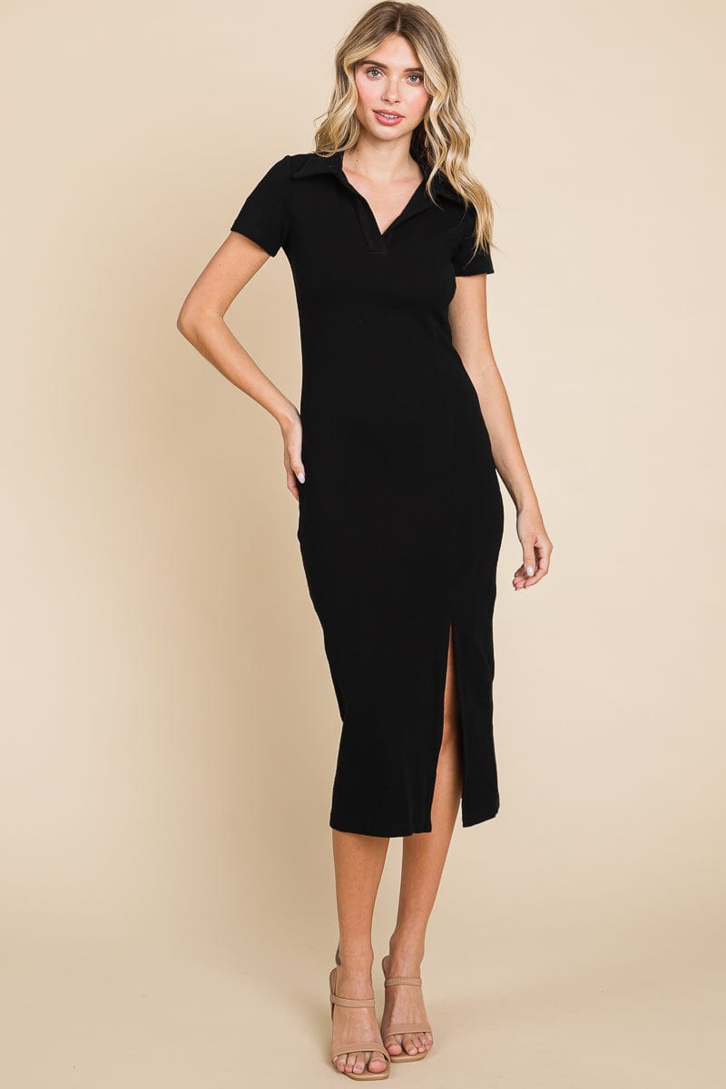 Collared Side Split Ribbed Bodycon Midi Dress